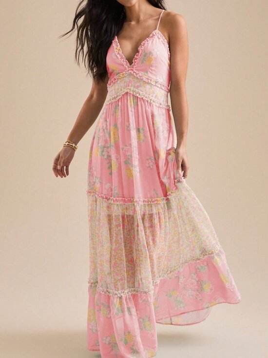 Dresses & Skirts - Pink Boho Women's Floral Print Cami V Neck Flowy A-Line Party Dress